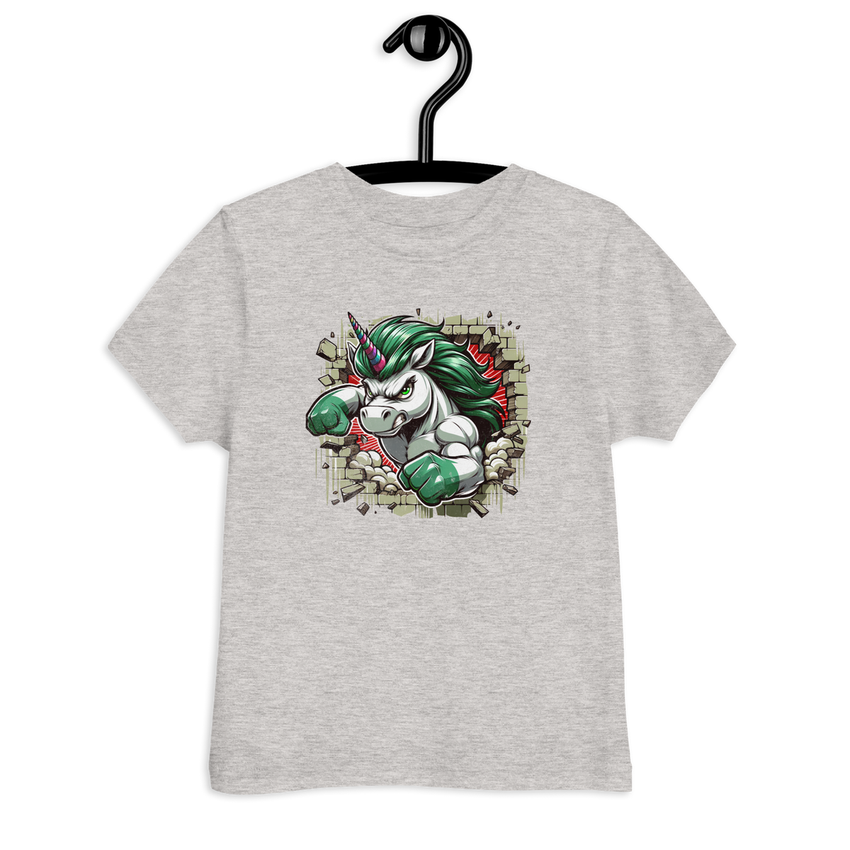 Graues Kinder T-Shirt mit Einhorn das eine Wand durchbricht Motiv