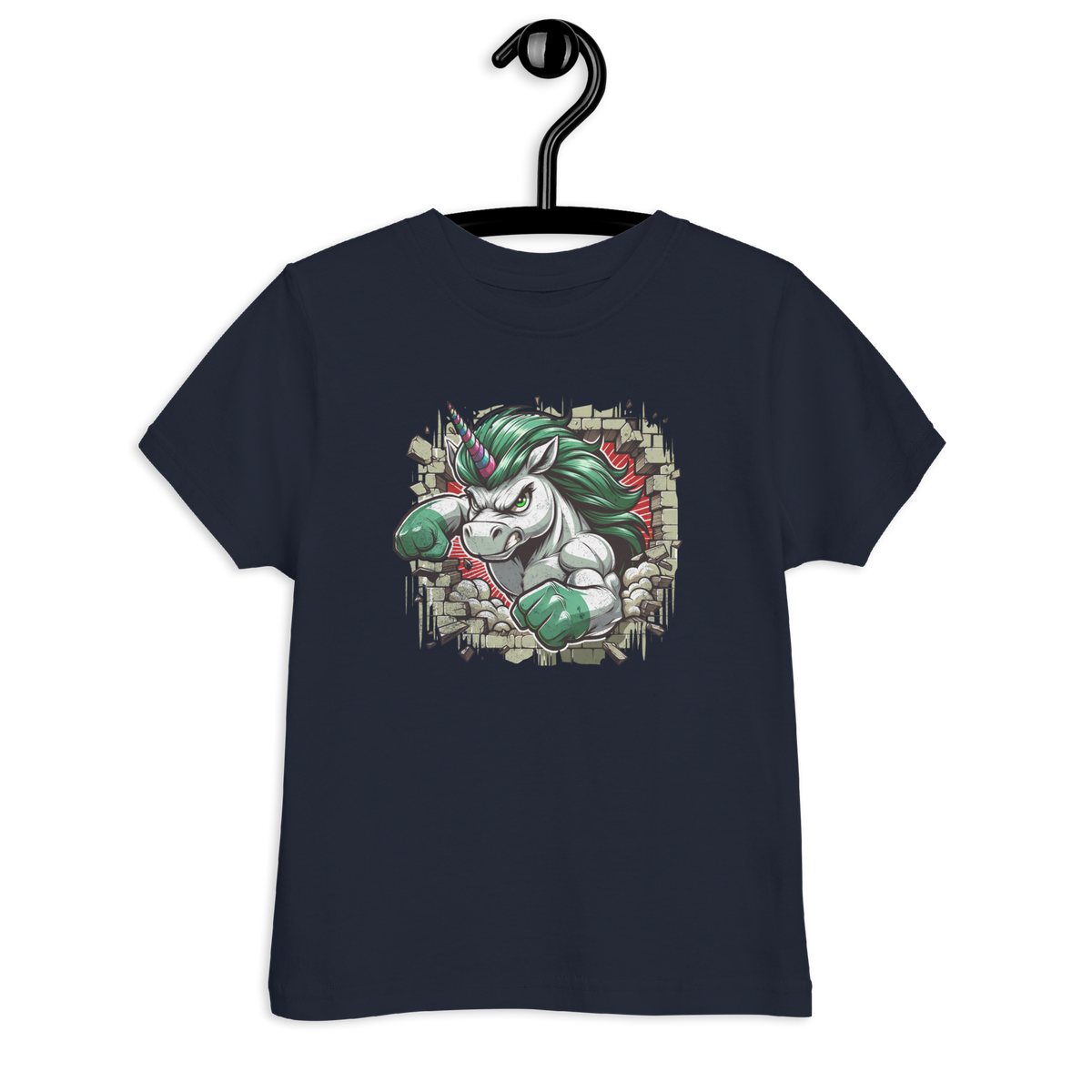 Navy Kinder T-Shirt mit Einhorn das Wand durchbricht Motiv
