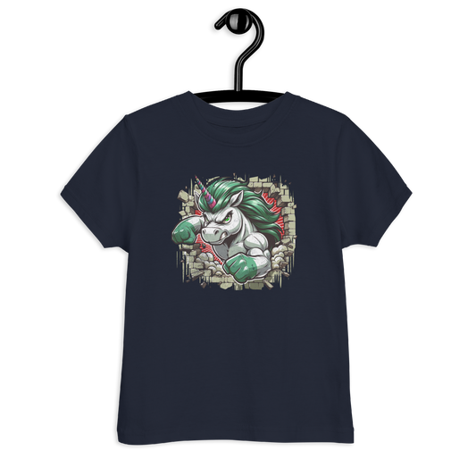 Navy Kinder T-Shirt mit Einhorn das Wand durchbricht Motiv