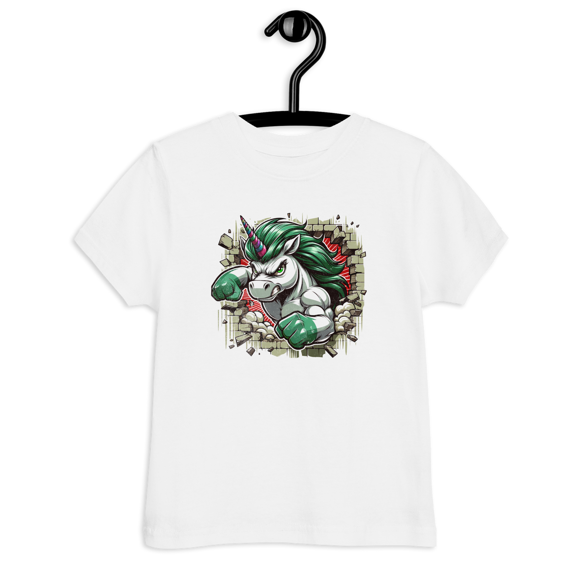 Weißes Kinder T-Shirt mit Einhorn das Wand durchbricht Motiv