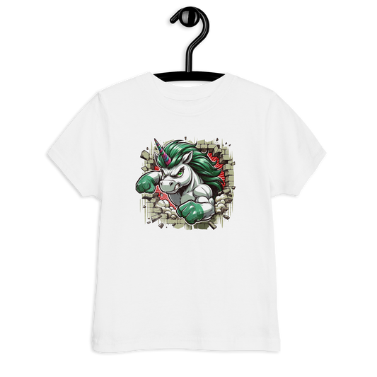Weißes Kinder T-Shirt mit Einhorn das Wand durchbricht Motiv