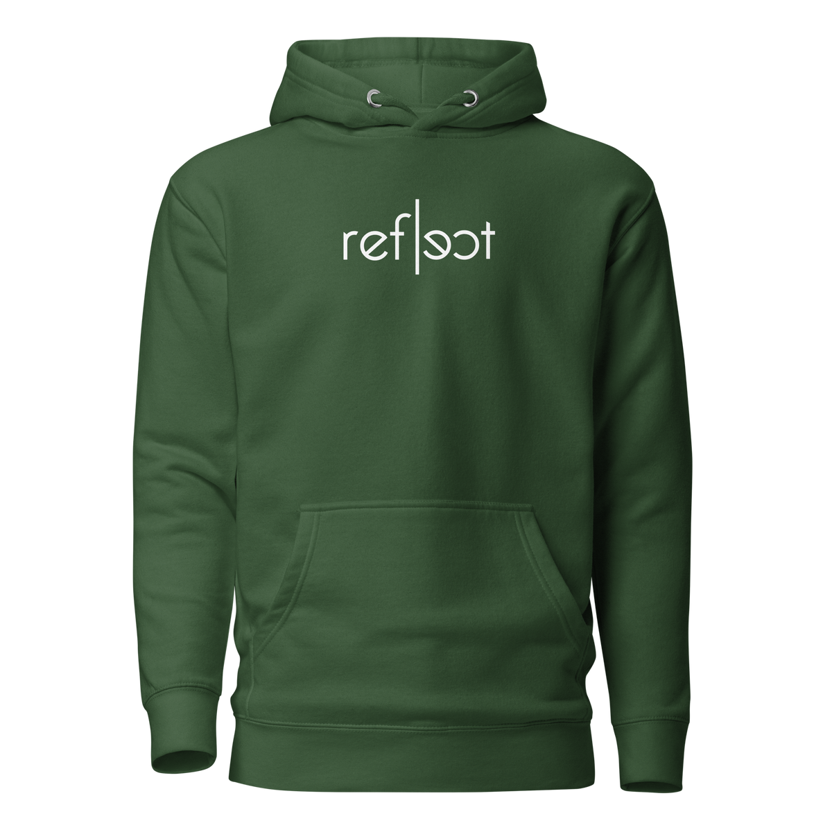 Waldgrüner Unisex Hoodie mit weißem reflect Schriftzug, Brustprint