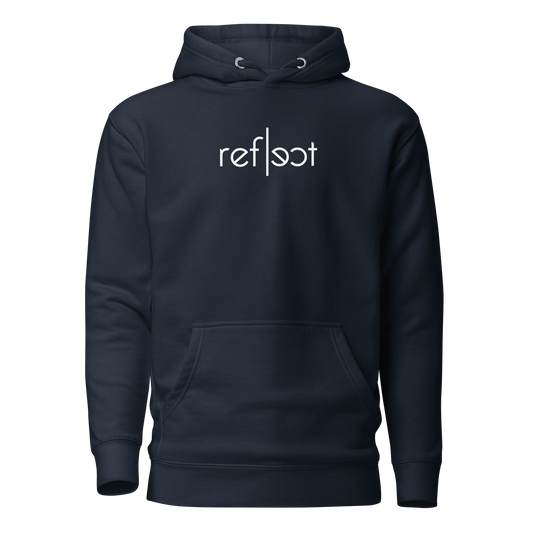 Navy Unisex Hoodie mit weißem reflect Schriftzug, Brustprint