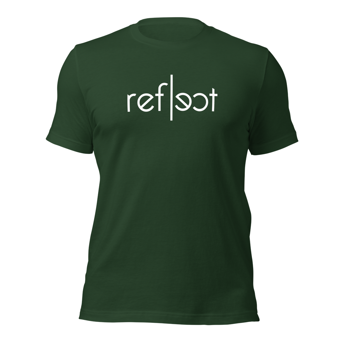 Waldgrünes Unisex T-Shirt mit weißem reflect Schriftzug, Brustprint