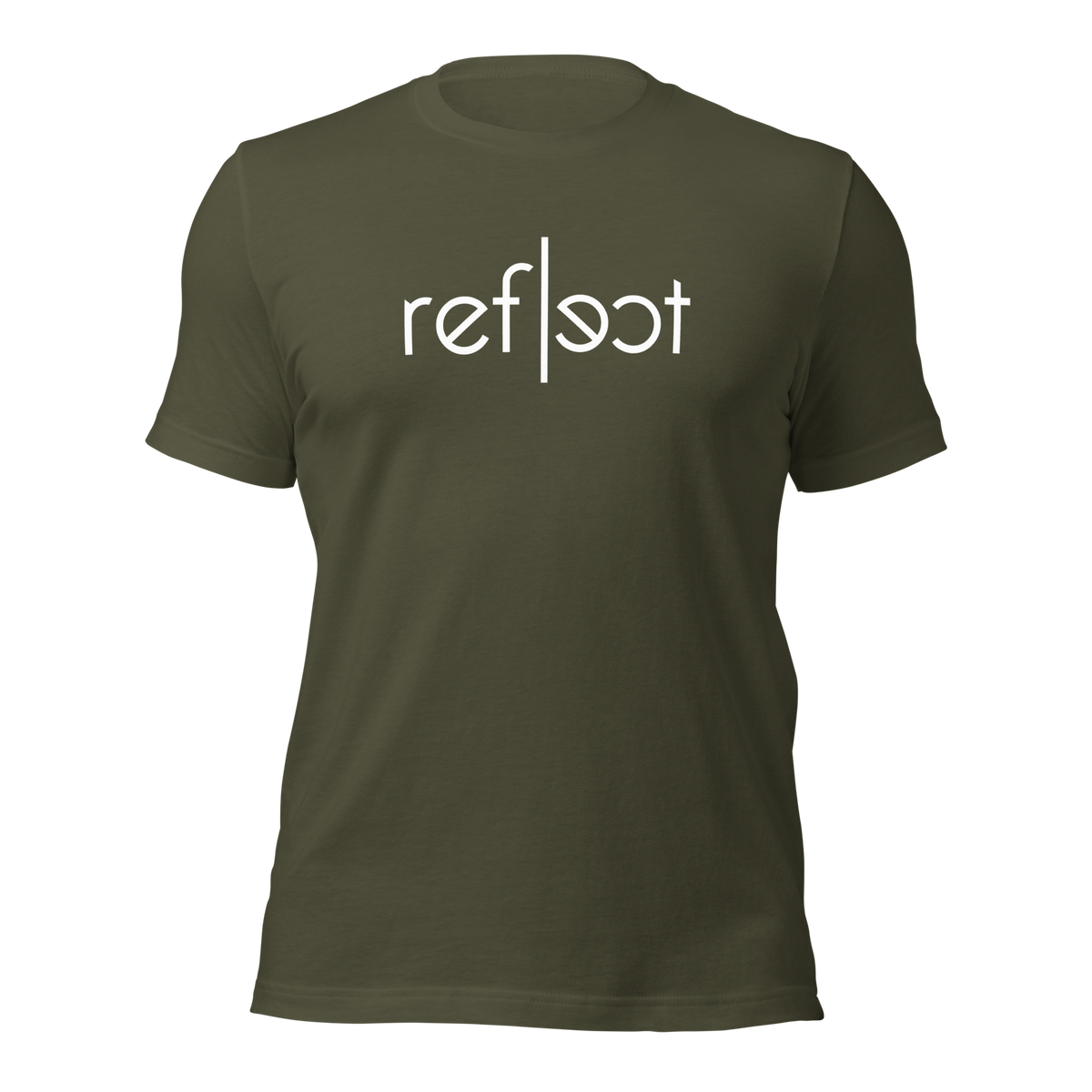 Militärgrünes Unisex T-Shirt mit weißem reflect Schriftzug, Brustprint