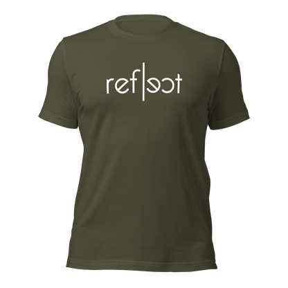 Militärgrünes Unisex T-Shirt mit weißem reflect Schriftzug, Brustprint