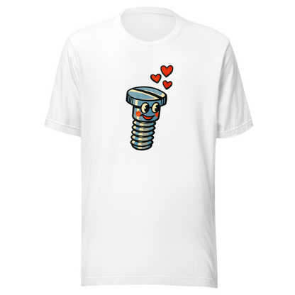 Weißes T-Shirt mit verliebter Schraube und Herzchen Motiv