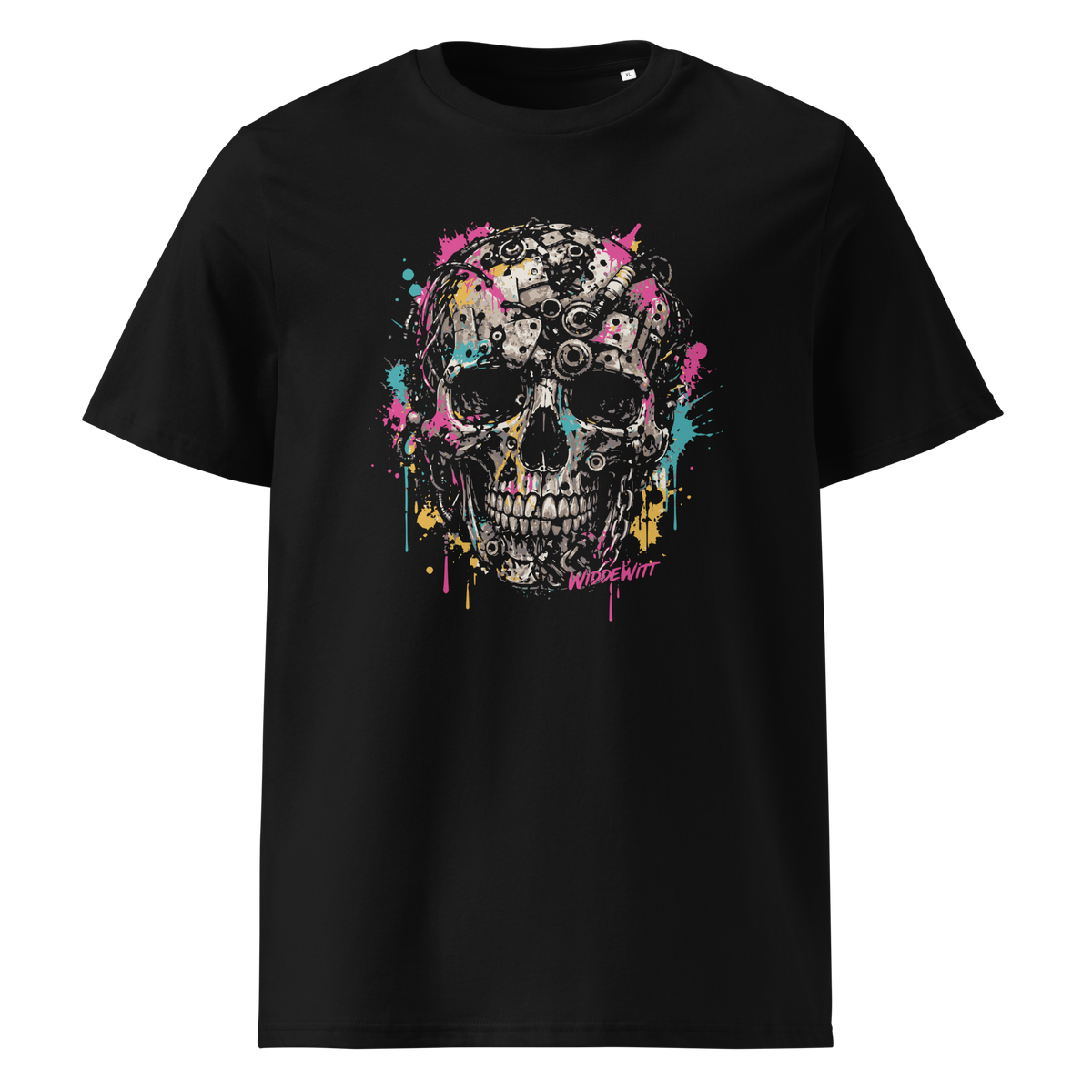 Schwarzes T-Shirt mit Totenkopf aus Metallteilen und bunten Farbklecksen
