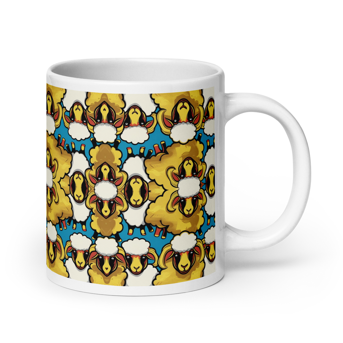 Große weiße Tasse mit bunten weißen und goldenen Schafen Ansicht rechts