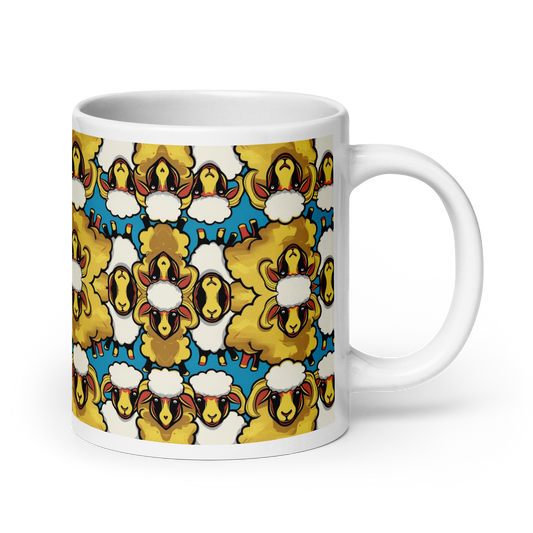 Große weiße Tasse mit bunten weißen und goldenen Schafen Ansicht rechts