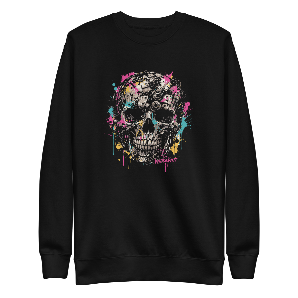 Schwarzer Pullover mit Totenkopf aus Metallteilen und bunten Farbspritzern bedruckt