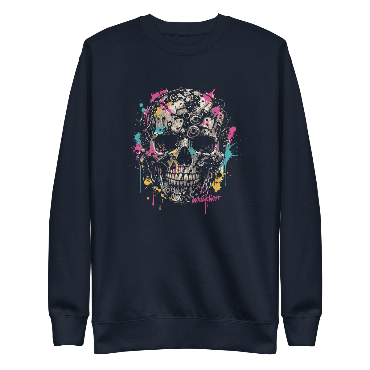 Navy Pullover mit Totenkopf aus Metallteilen und bunten Farbspritzern bedruckt