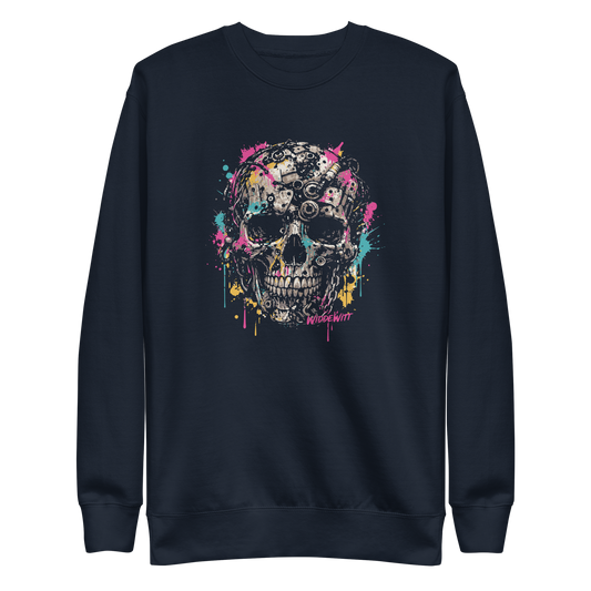 Navy Pullover mit Totenkopf aus Metallteilen und bunten Farbspritzern bedruckt