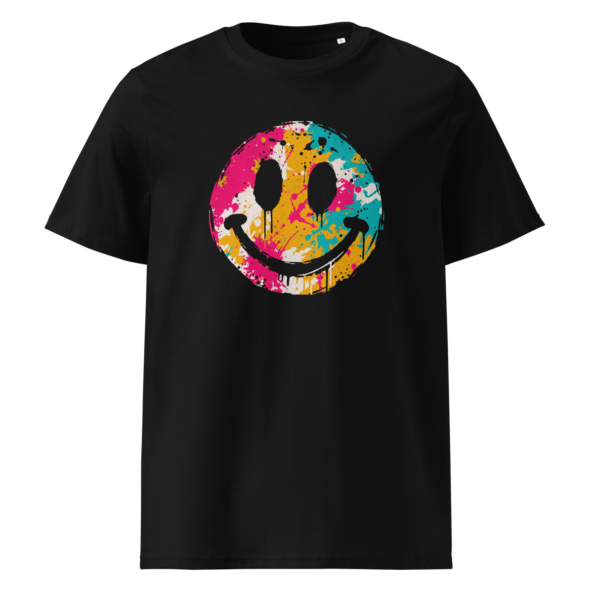 Schwarzes T-Shirt mit buntem Smiley im Streetart Look bedruckt