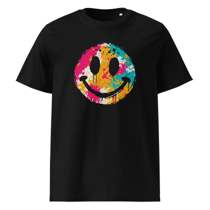 Schwarzes T-Shirt mit buntem Smiley im Streetart Look bedruckt