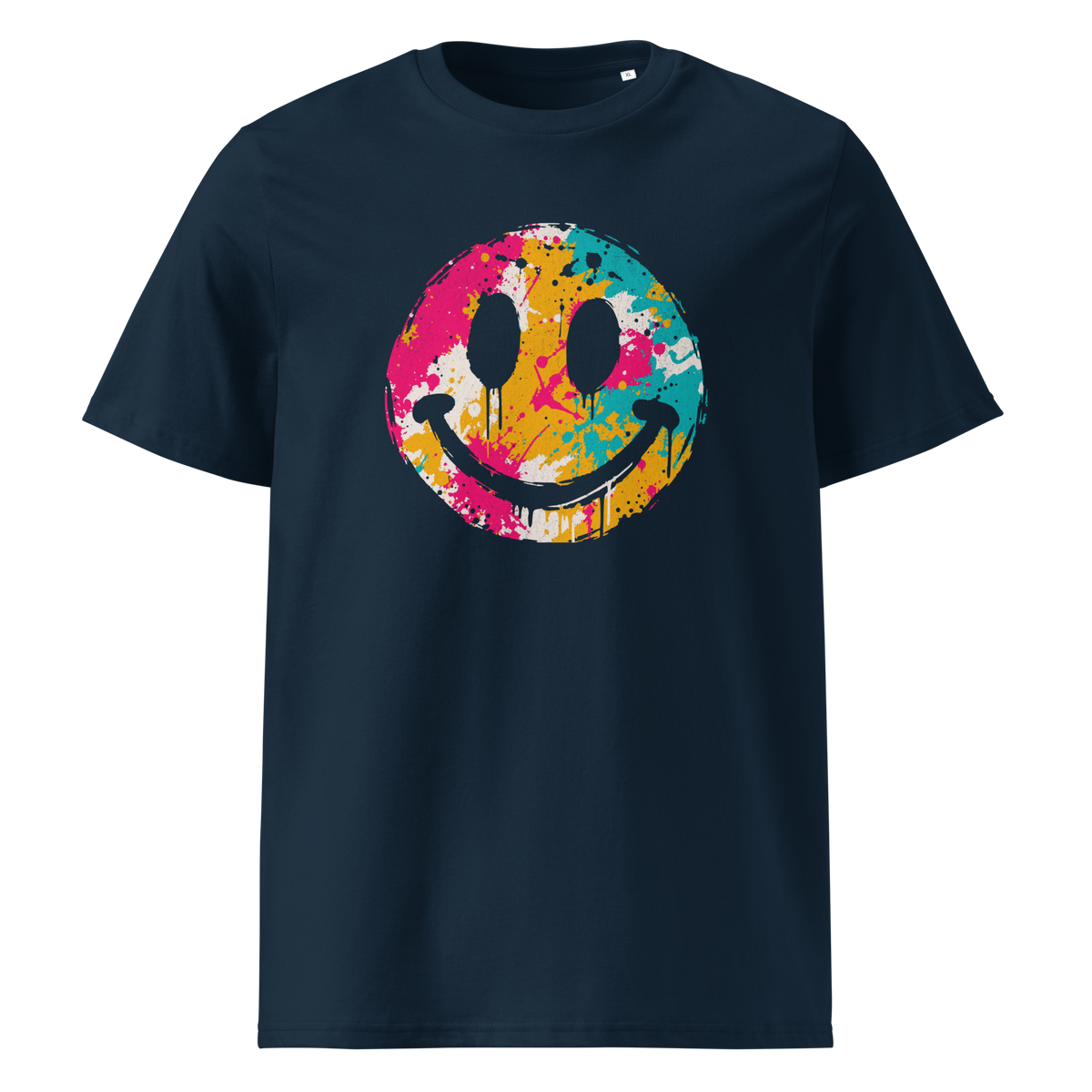 Dunkelblaues T-Shirt mit buntem Smiley im Streetart Look bedruckt