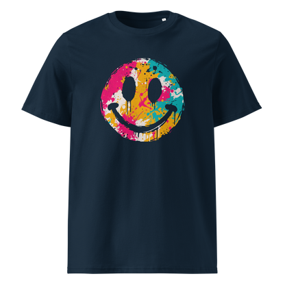 Dunkelblaues T-Shirt mit buntem Smiley im Streetart Look bedruckt