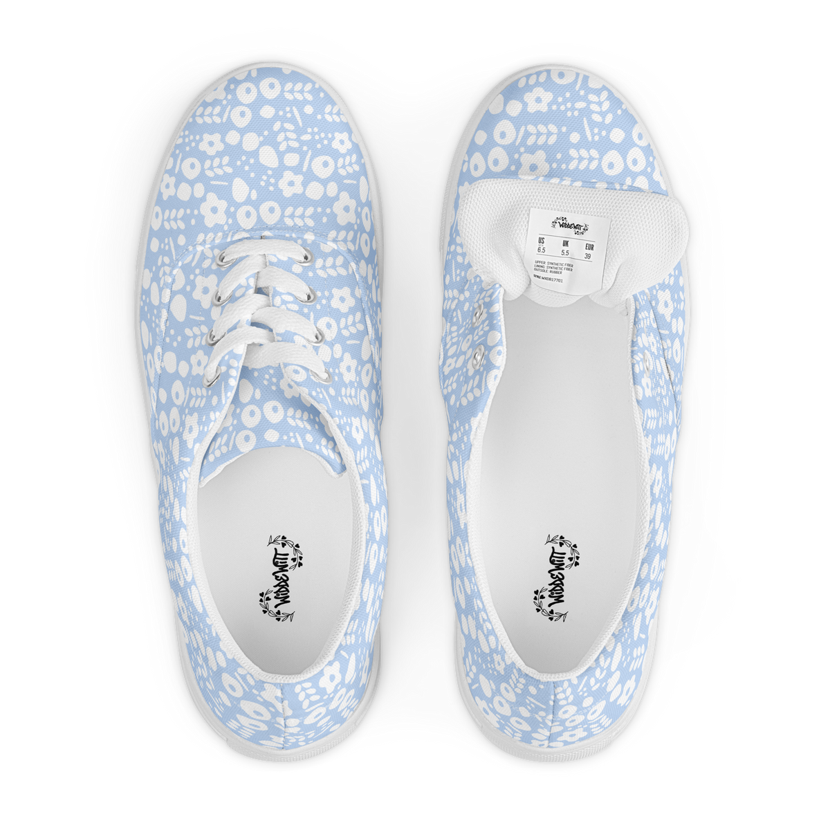 Von Oben Ansicht Hellblaue Damen Sneaker mit weißem Blumenmuster