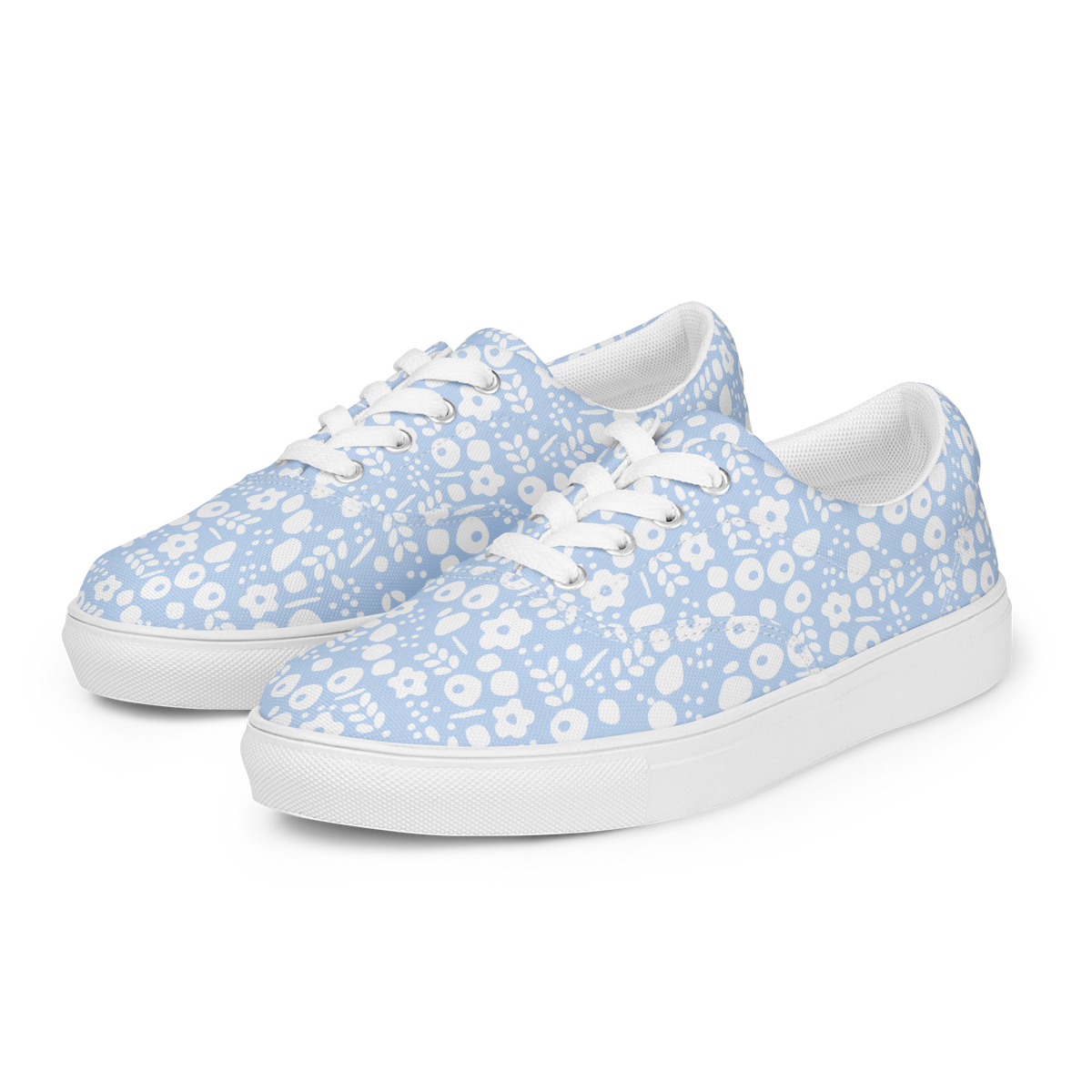 Seitenansicht Hellblaue Damen Sneaker mit weißem Blumenmuster