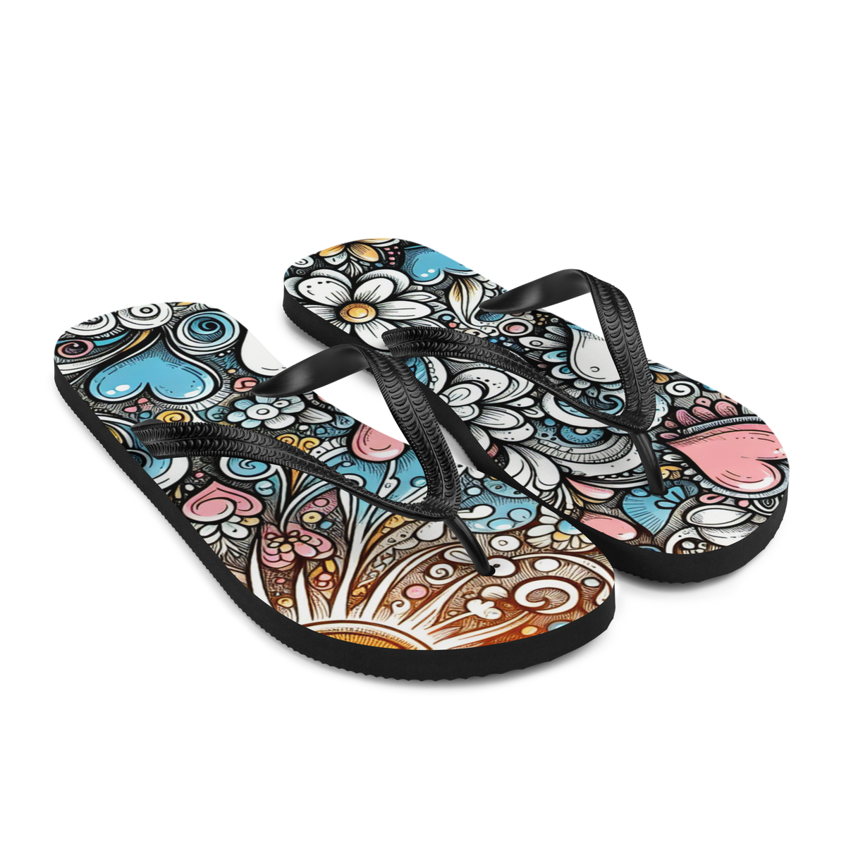 Bunte Flip-Flops mit bunten Blumen, Herzen und Sonne Seitenansicht