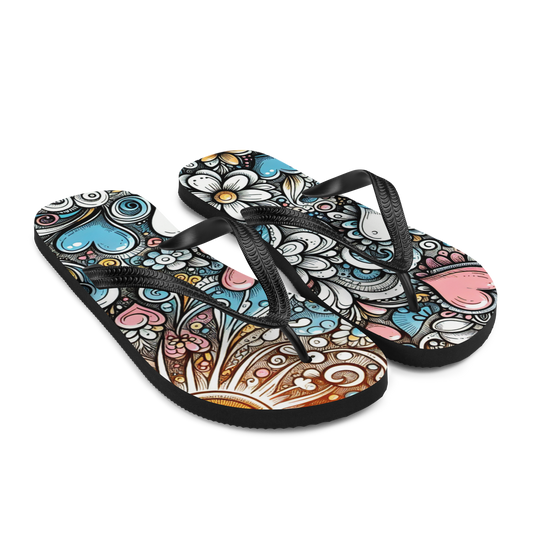 Bunte Flip-Flops mit bunten Blumen, Herzen und Sonne Seitenansicht
