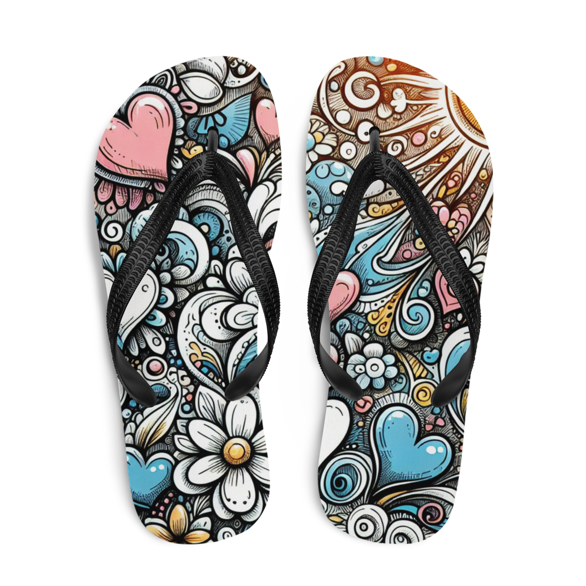 Bunte Flip-Flops mit bunten Blumen, Herzen und Sonne Obenansicht