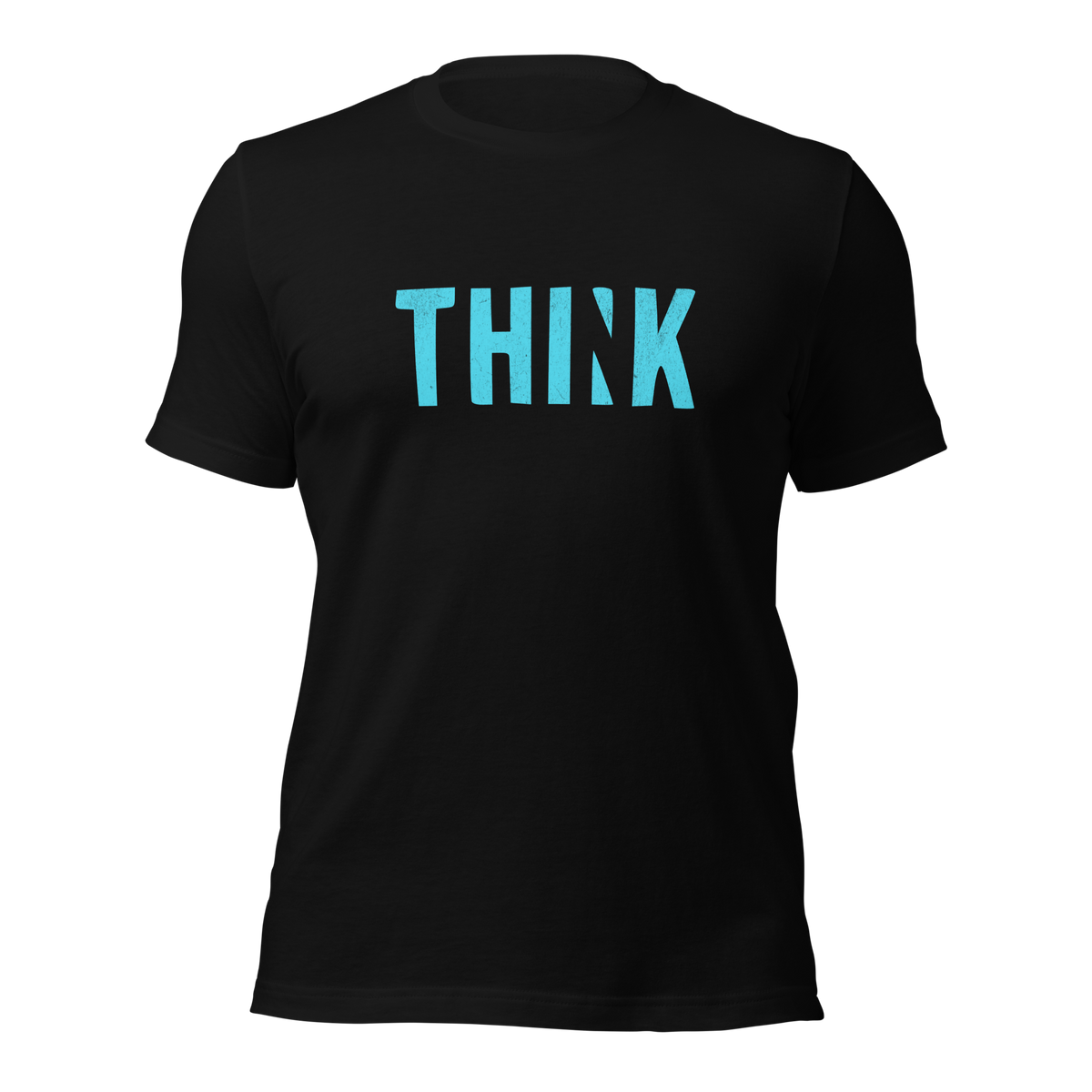 Schwarzes Unisex T-Shirt mit blauem THINK Print bei dem das N ausgeschnitten ist