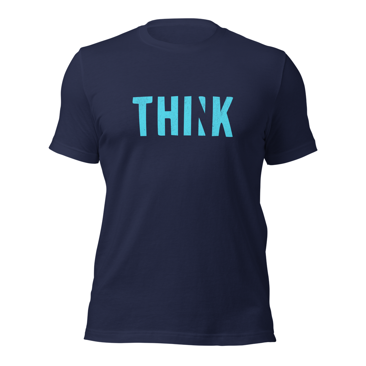 Navy Unisex T-Shirt mit blauem THINK Print bei dem das N ausgeschnitten ist
