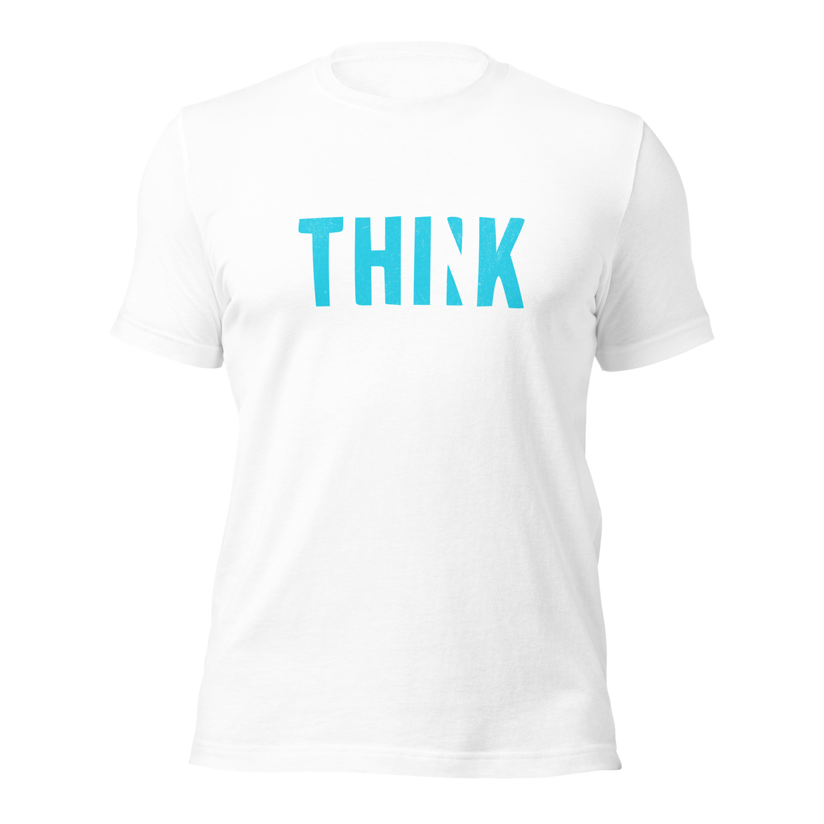 Weißes Unisex T-Shirt mit blauem THINK Print bei dem das N ausgeschnitten ist?
