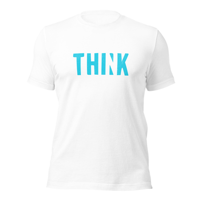Weißes Unisex T-Shirt mit blauem THINK Print bei dem das N ausgeschnitten ist?