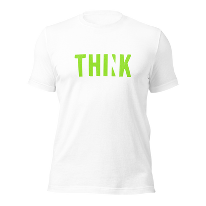Weißes Unisex T-Shirt mit grünem THINK Print bei dem das N ausgeschnitten ist