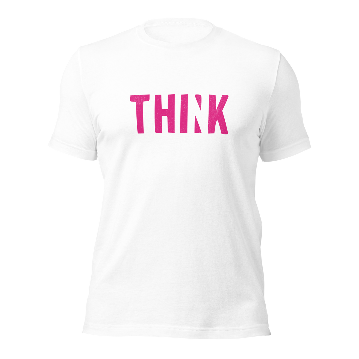 Weißes Unisex T-Shirt mit grünem THINK Print bei dem das N ausgeschnitten ist