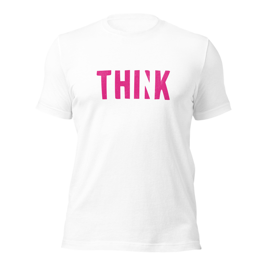 Weißes Unisex T-Shirt mit grünem THINK Print bei dem das N ausgeschnitten ist