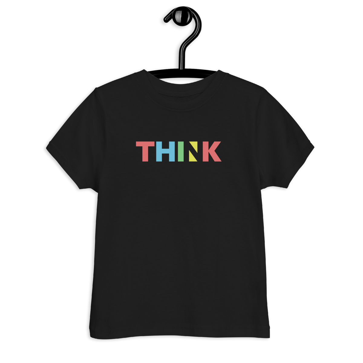 Schwarzes T-Shirt  mit buntem minimalistischem THINK Schriftzug