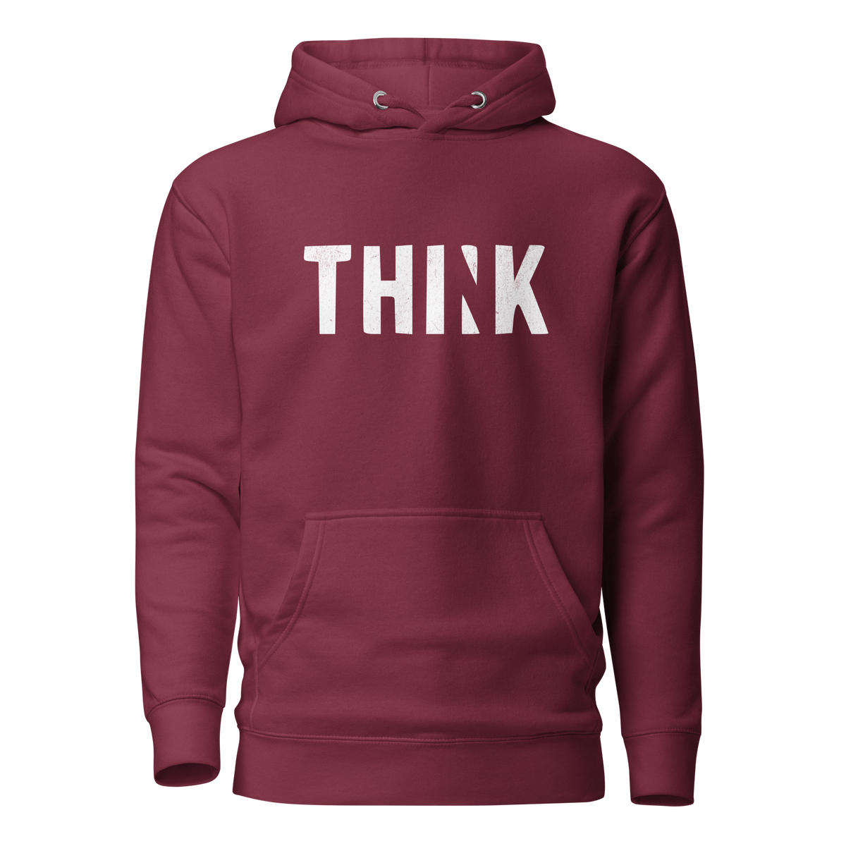 Kastanienroter Unisex Hoodie mit THINK  Print bei dem das N ausgeschnitten ist