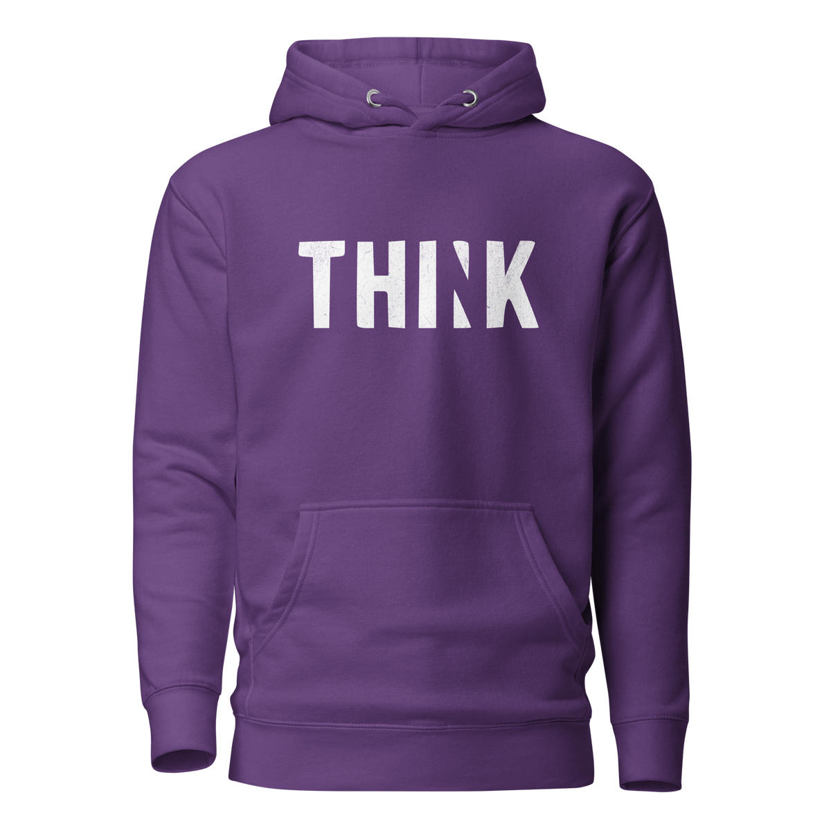 Lila Unisex Hoodie mit THINK  Print bei dem das N ausgeschnitten ist
