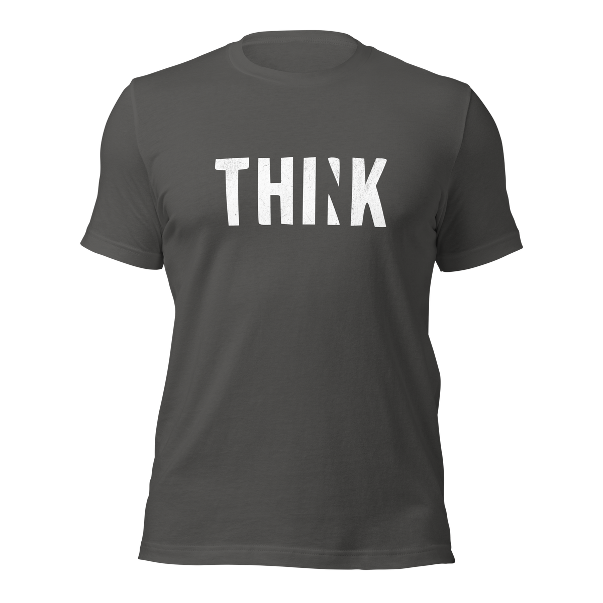 Asphalt graues Unisex T-Shirt mit THINK  Print bei dem das N ausgeschnitten ist