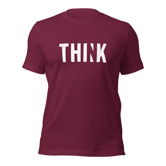 Kastanienrotes Unisex T-Shirt mit THINK  Print bei dem das N ausgeschnitten ist