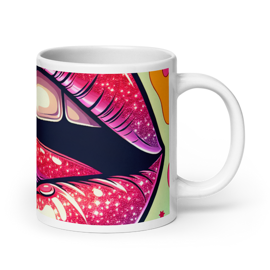 Weiße Tasse mit großem Mund und genießender Zunge Print Ansicht rechts