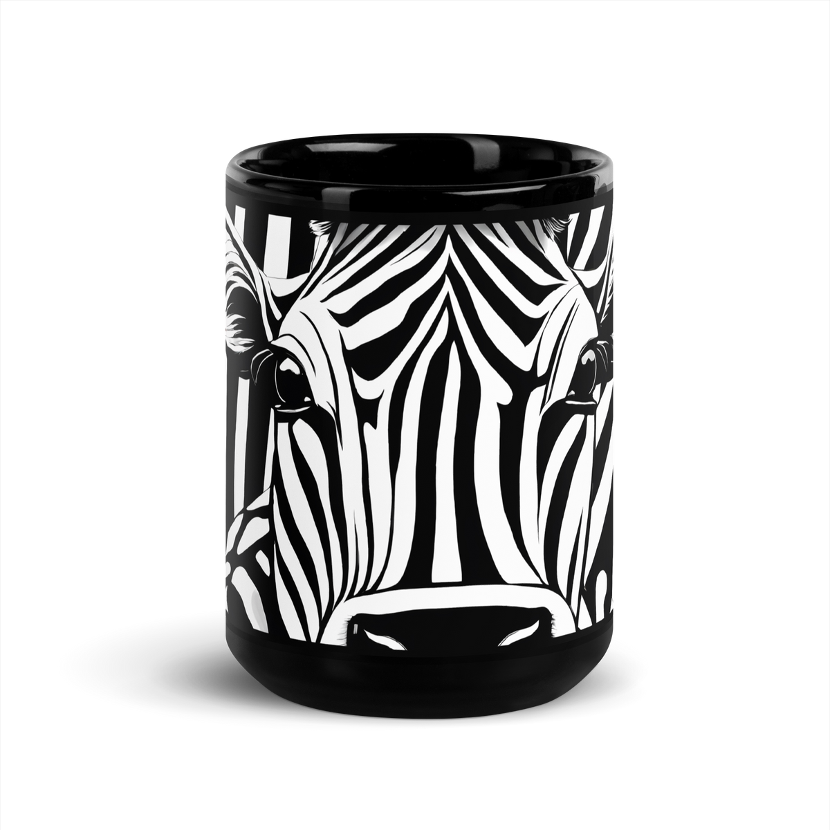 Schwarze glänzende Tasse mit schwarz weiß gestreiften Kuhgesicht