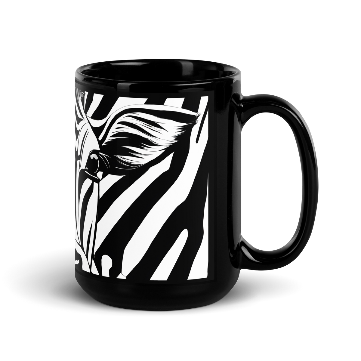 Schwarze glänzende Tasse mit schwarz weiß gestreiften Kuhgesicht rechte Ansicht