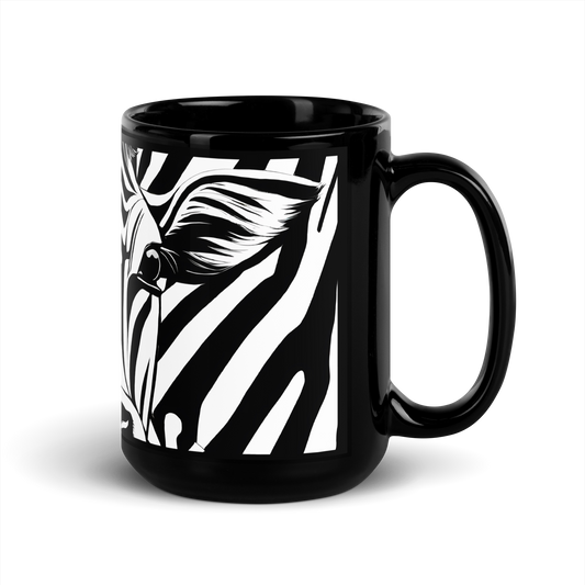 Schwarze glänzende Tasse mit schwarz weiß gestreiften Kuhgesicht rechte Ansicht