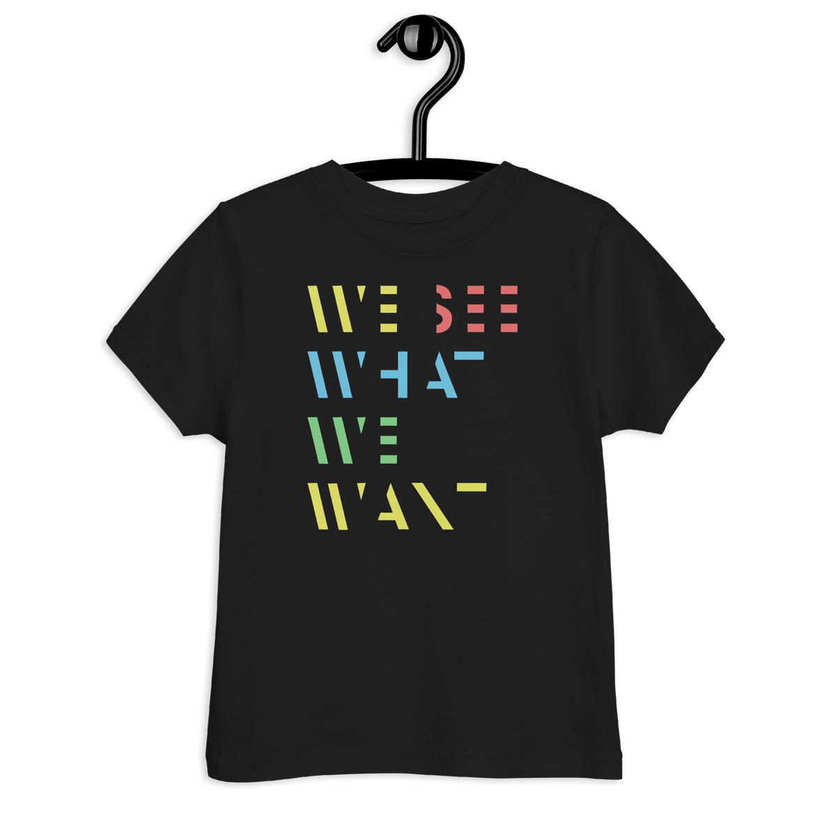 Schwarzes Kinder T-Shirt mit buntem We See What We Want Schriftzug
