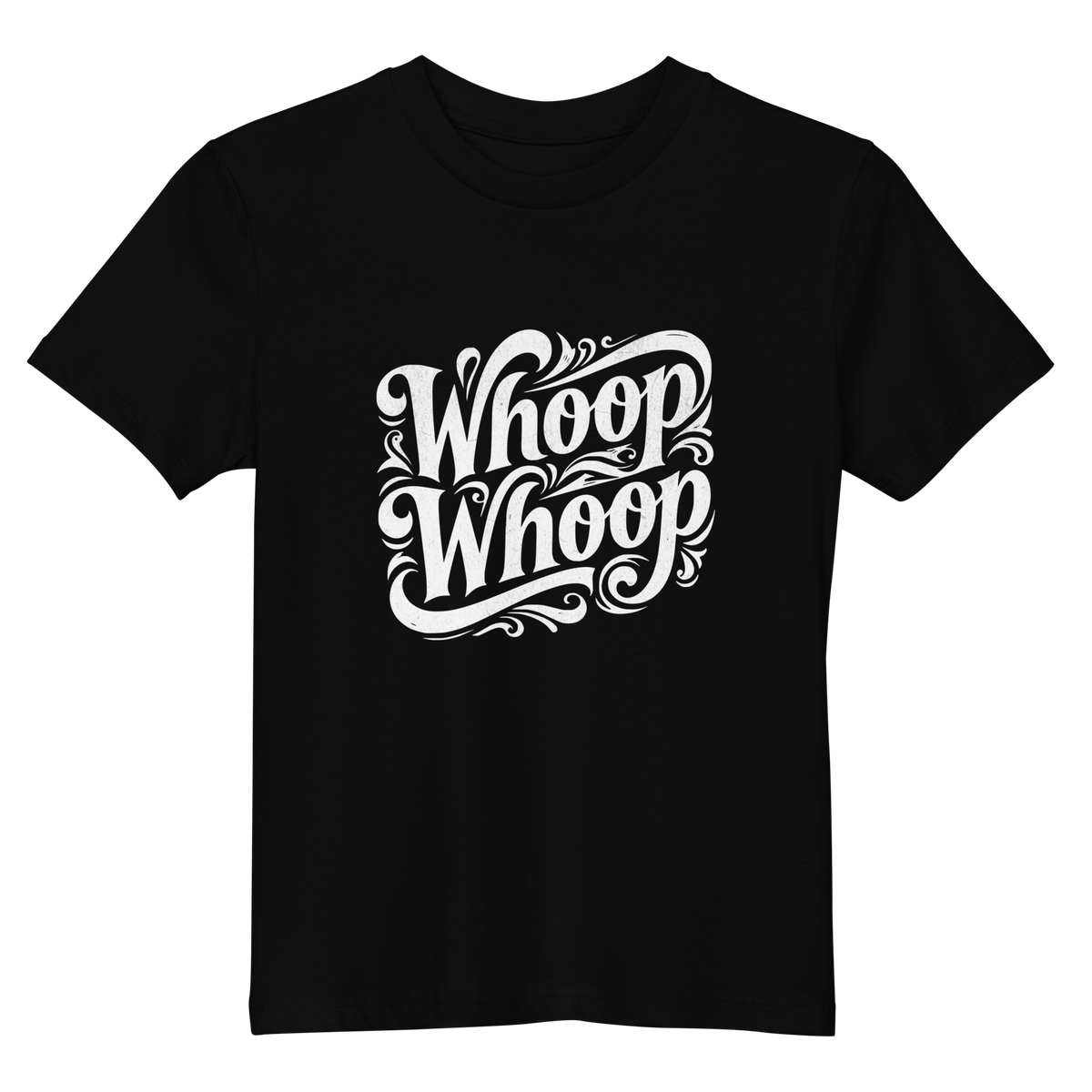 Schwarzes Unisex Kinder T-Shirt mit geschwungenem Whoop Whoop Print
