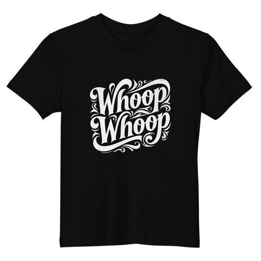 Schwarzes Unisex Kinder T-Shirt mit geschwungenem Whoop Whoop Print
