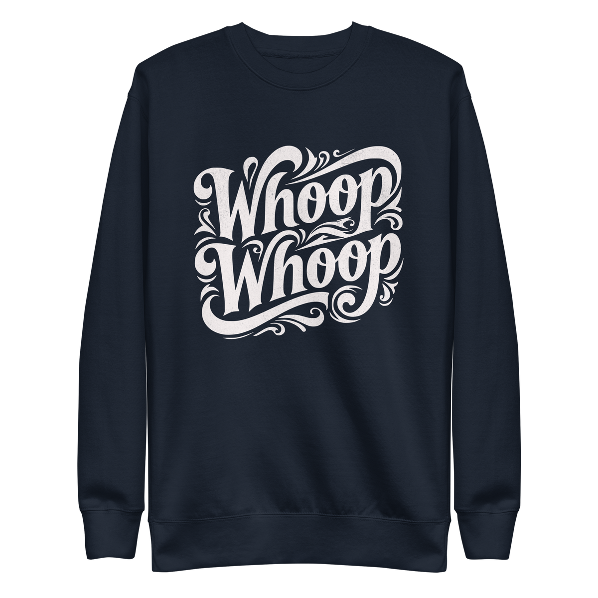 Navy Unisex Pullover mit dem weissen Schriftzug Whoop Whoop in geschwungenen Buchstaben