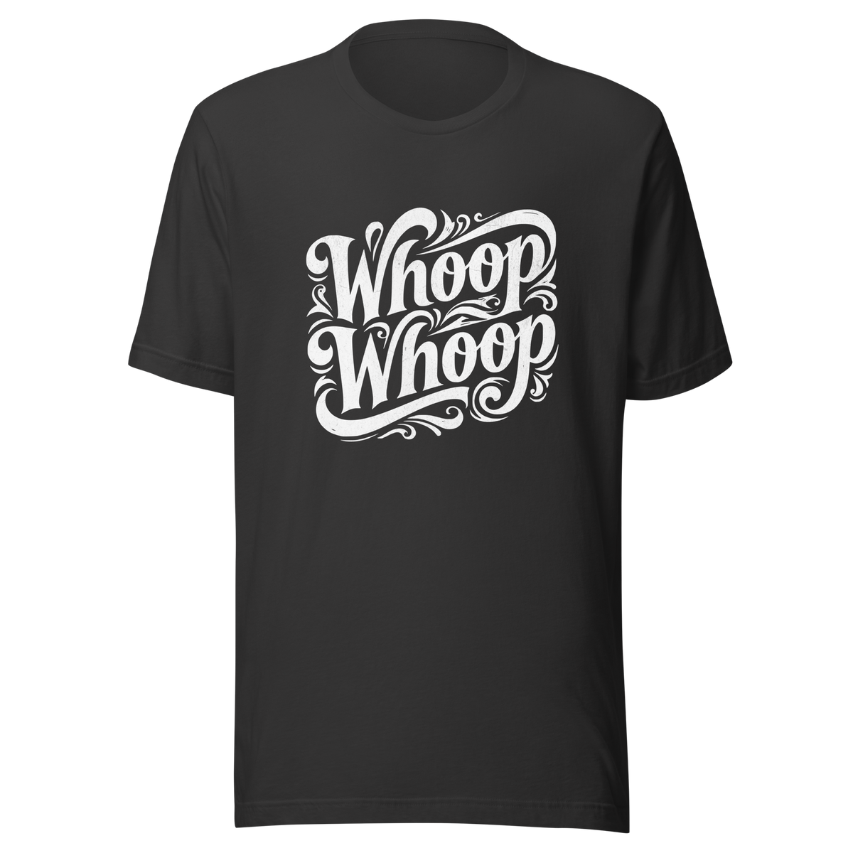 Dunkelgraues T-Shirt mit dem Schriftzug Whoop Whoop in geschwungenen Buchstaben