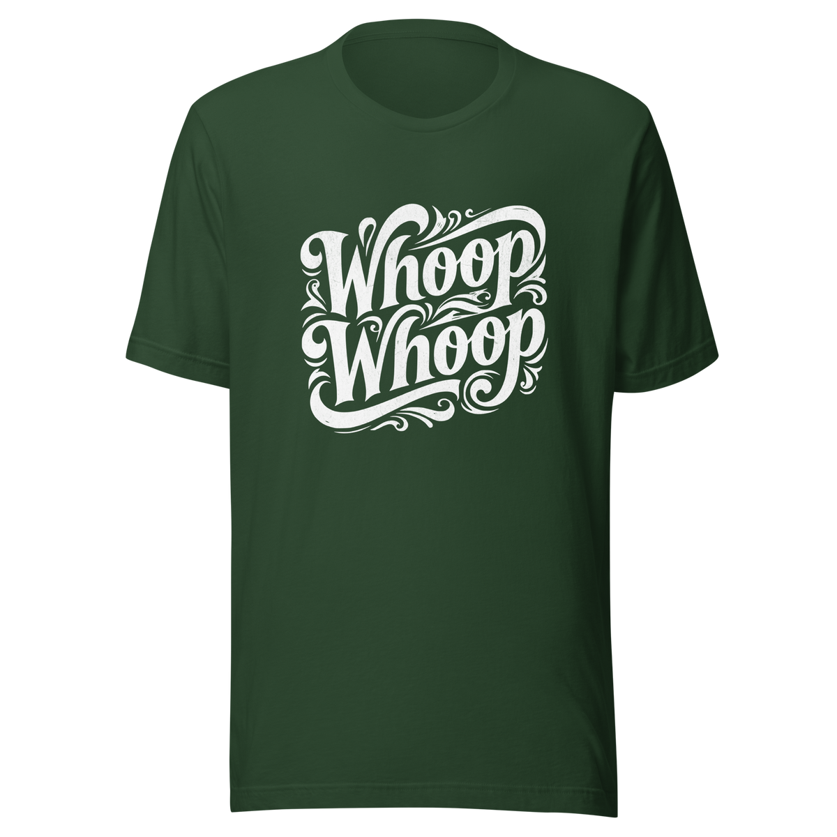 Waldgrünes T-Shirt mit dem Schriftzug Whoop Whoop in geschwungenen Buchstaben