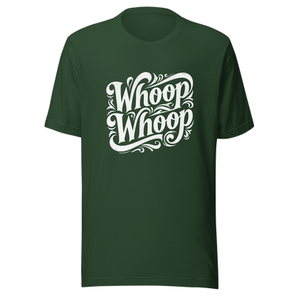 Waldgrünes T-Shirt mit dem Schriftzug Whoop Whoop in geschwungenen Buchstaben