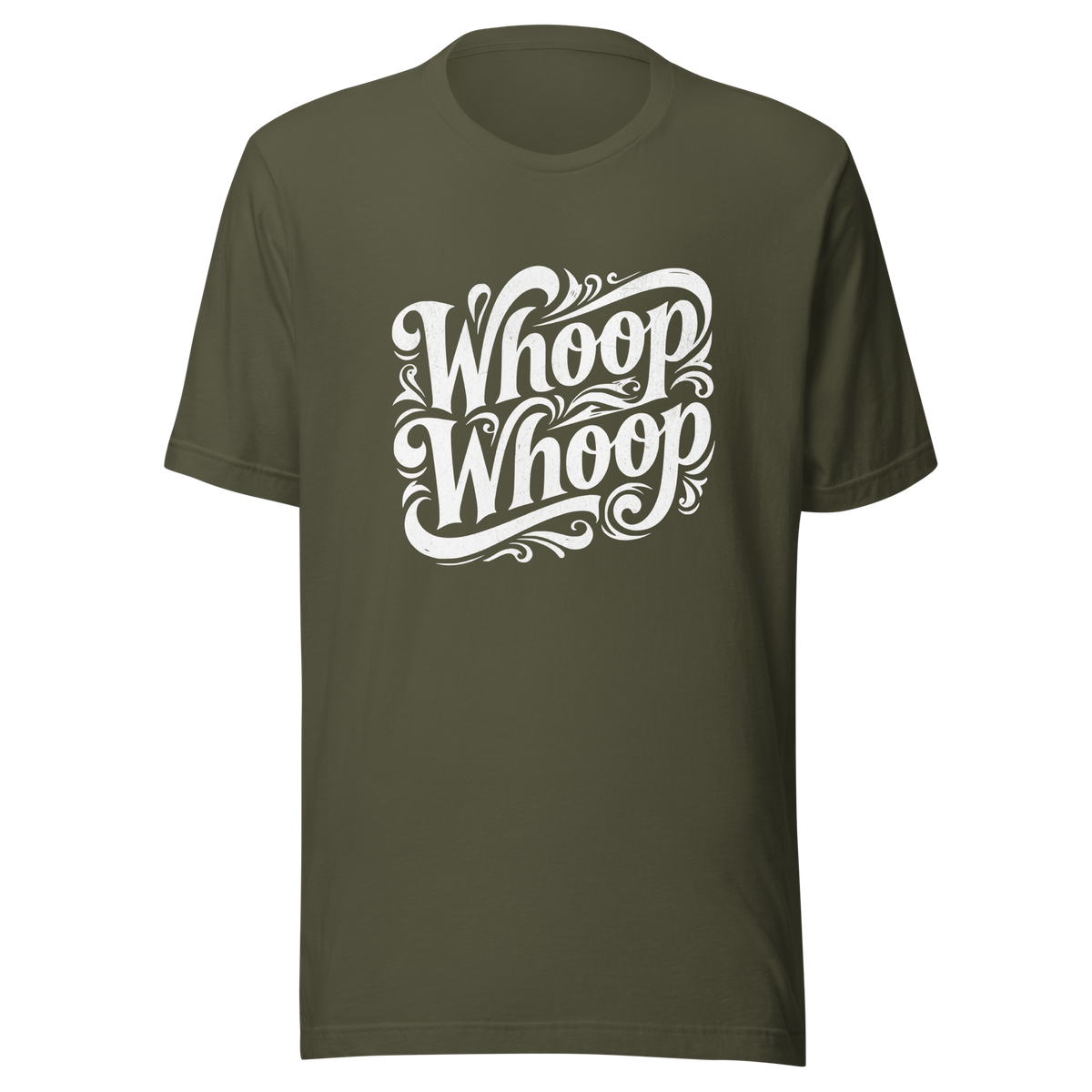 Militärgrünes T-Shirt mit dem Schriftzug Whoop Whoop in geschwungenen Buchstaben